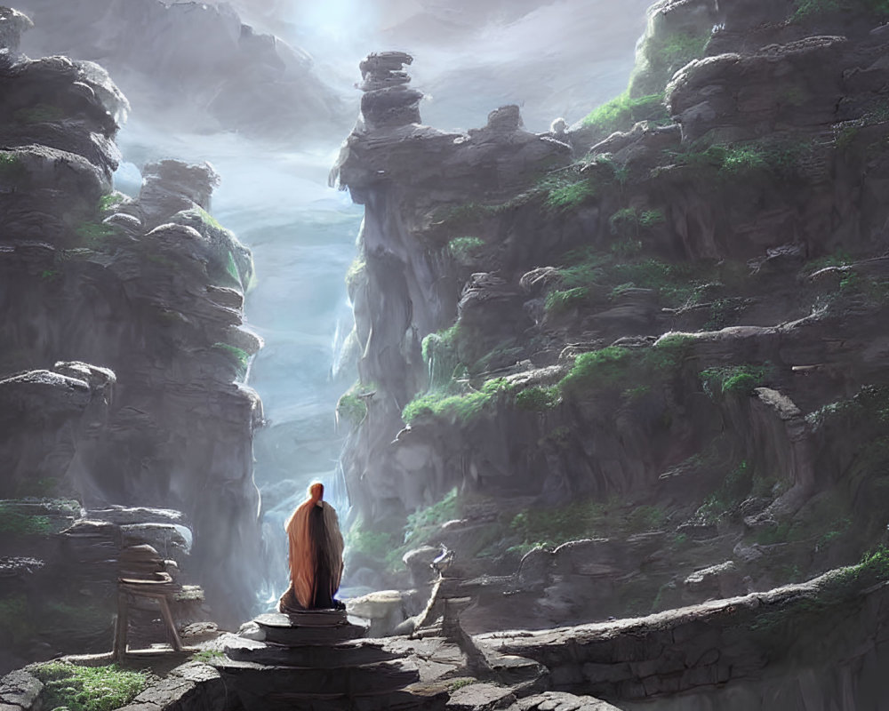 Robed Figure Overlooking Canyon with Waterfalls