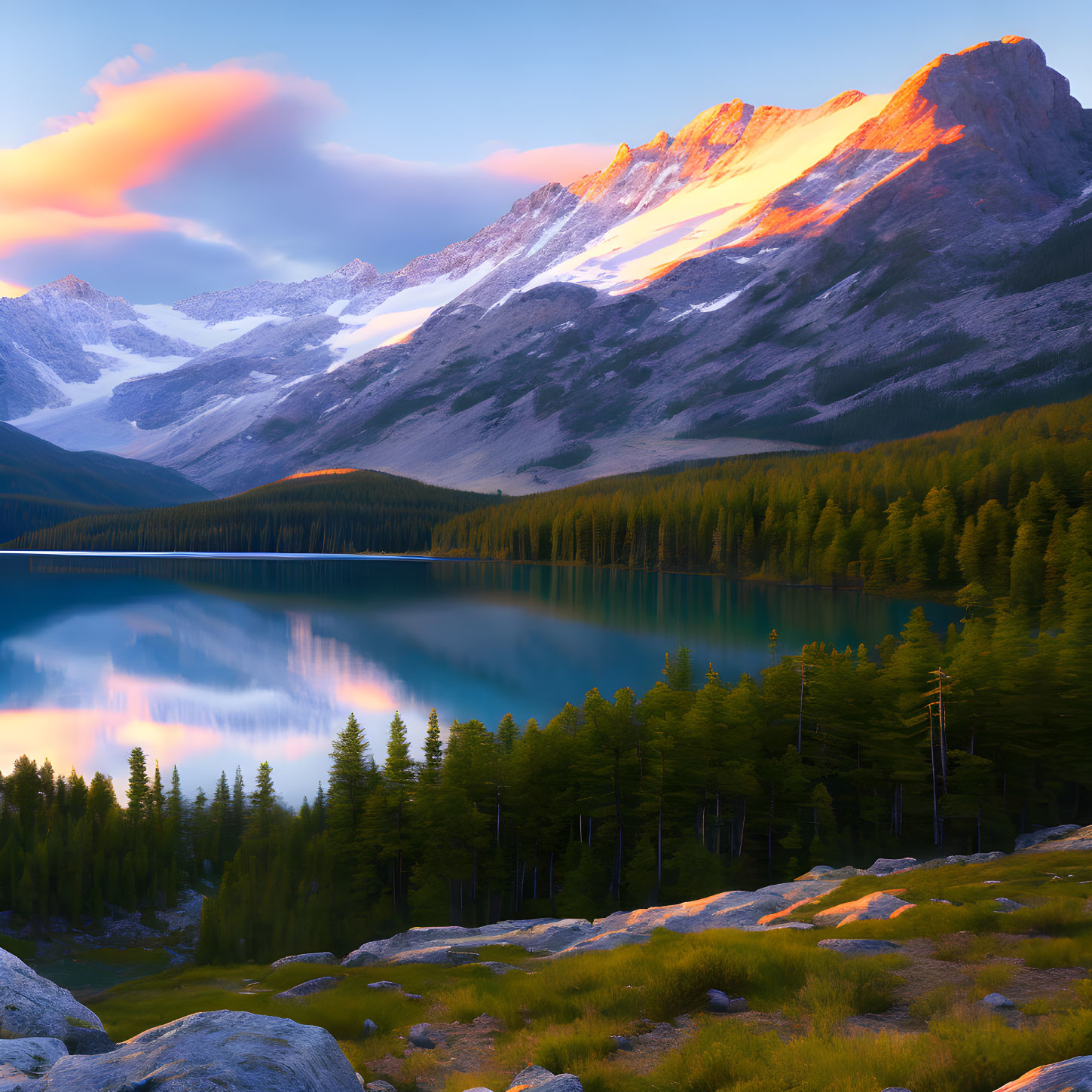 Sunlit Mountain Lake at Sunrise with Forest Surroundings