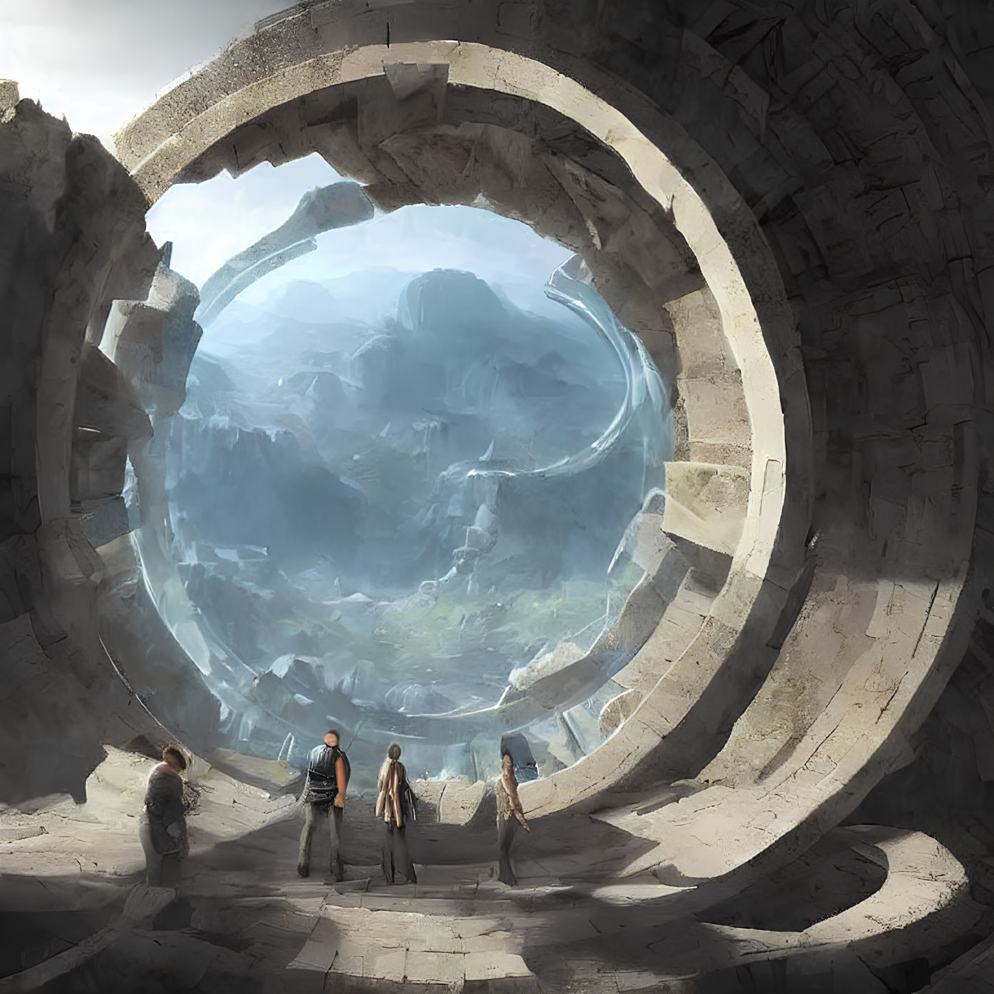 Explorers in front of ancient stone portal with misty mountain view