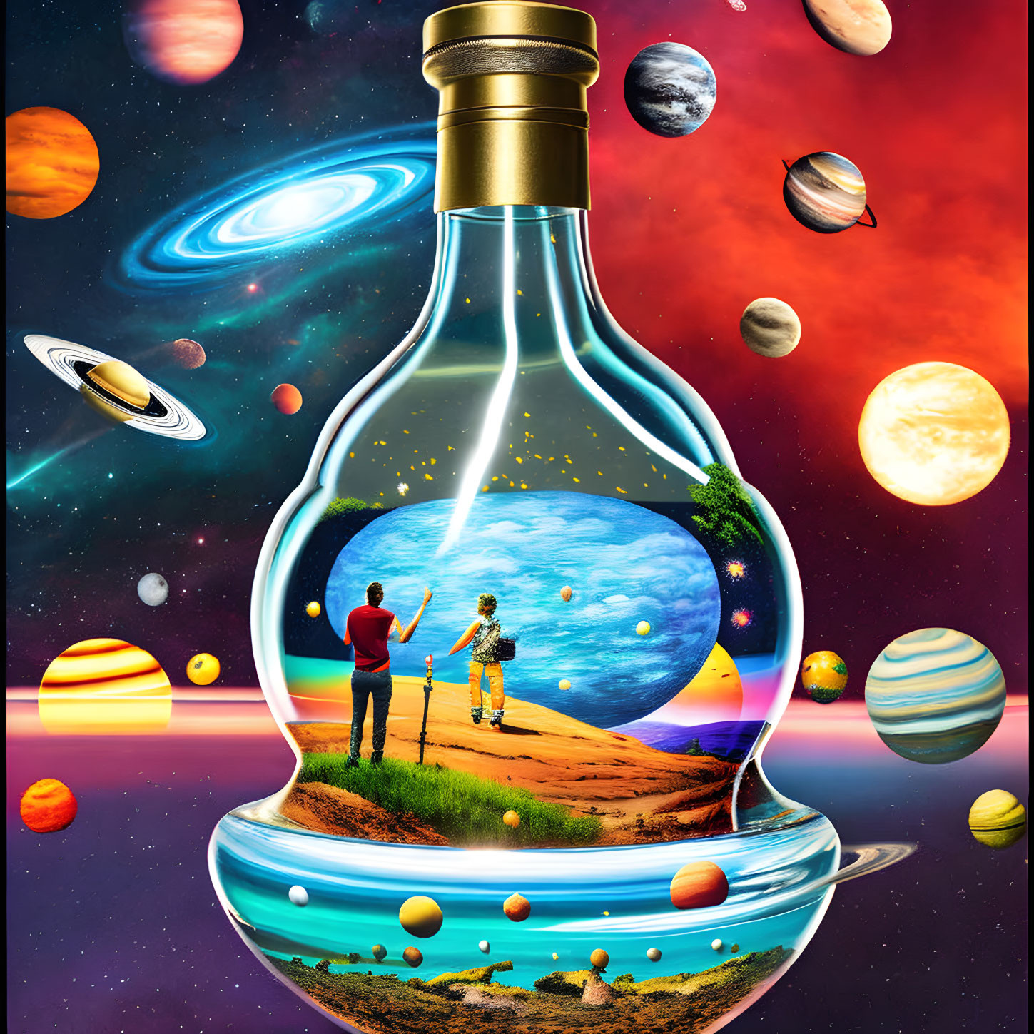 Two people on hill in bottle with vibrant cosmos and colorful planets.