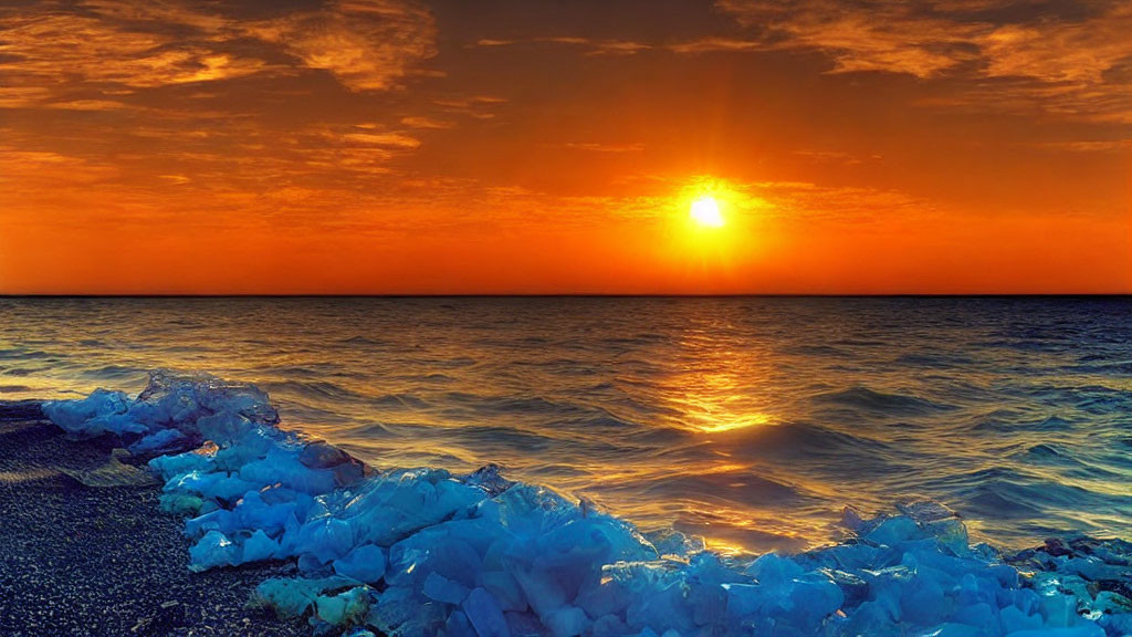 Tranquil sunset over sea with glowing sun path and icy shoreline