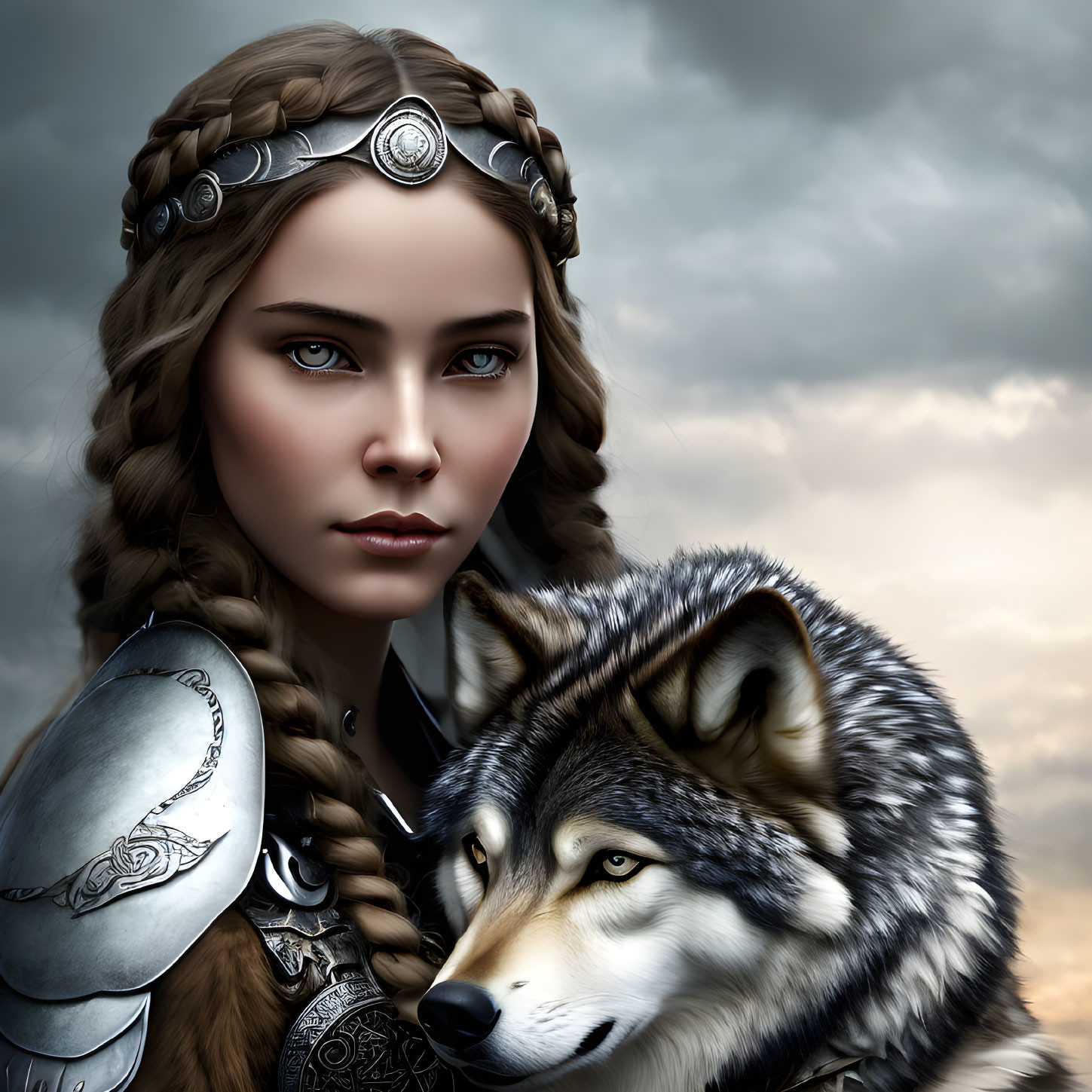 Braided hair woman in armor with wolf against cloudy sky.