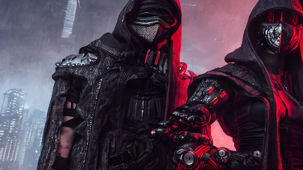 Futuristic individuals in black and red armor with helmet, cityscape backdrop