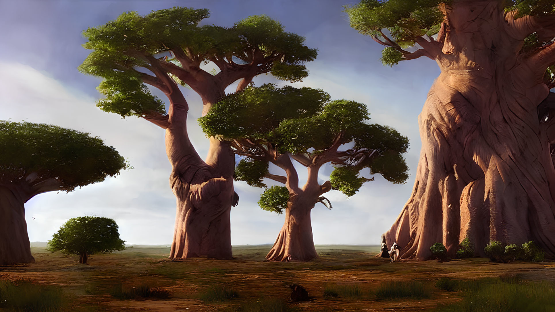 Serene landscape with large baobab trees and lush canopies