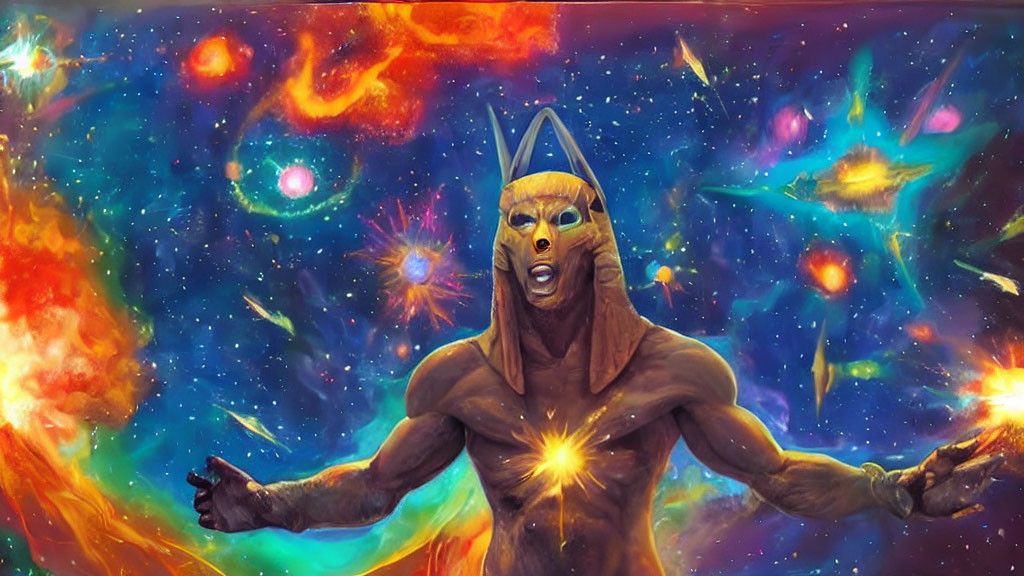 Cosmic Anubis-like Figure in Pharaoh Headdress with Glowing Energy