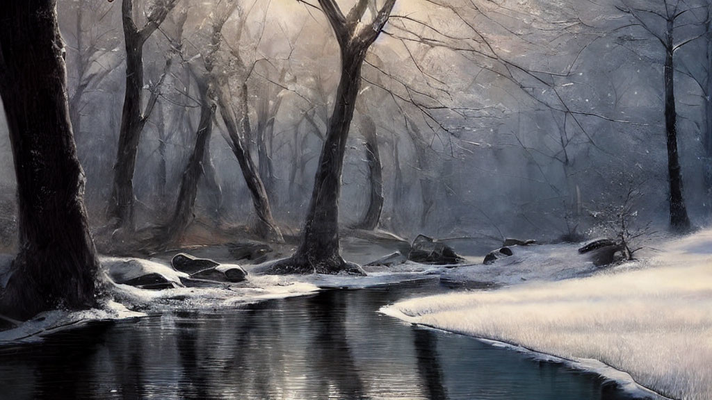 Snow-covered forest with stream in serene winter scene
