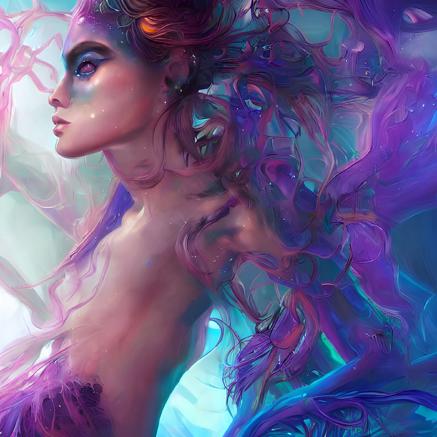 Colorful digital artwork: Woman with flowing hair and striking makeup in purple, blue, and pink.