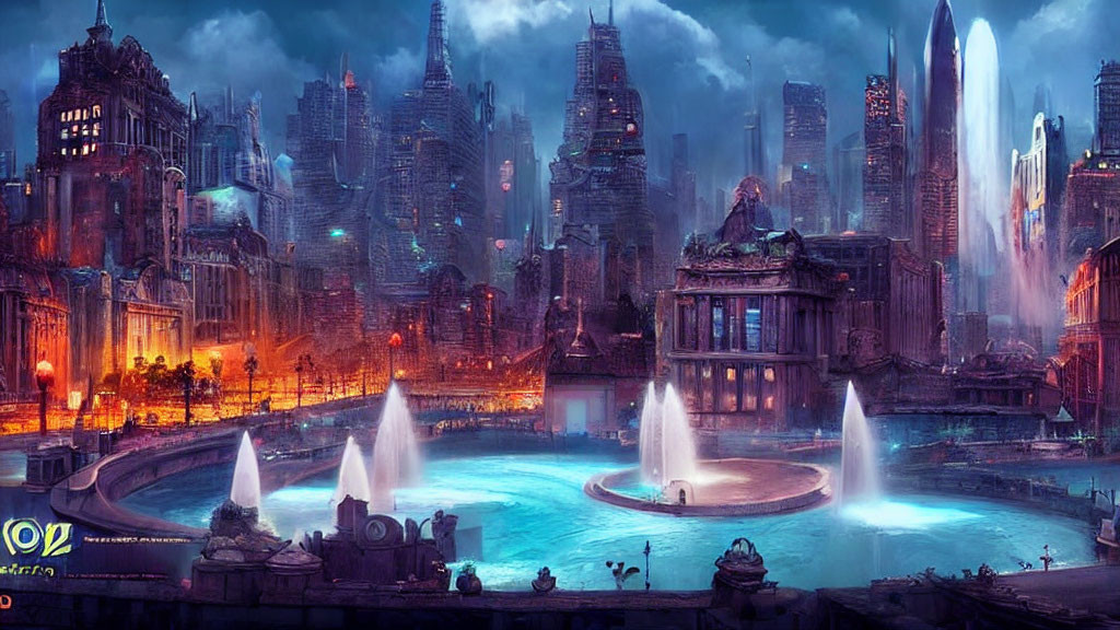 Vibrant twilight cityscape with skyscrapers, flying vehicles, and fountains.