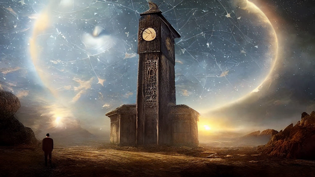 Person standing before ancient clock tower in surreal cosmic landscape
