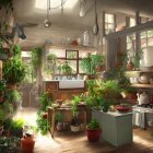 Sunlit rustic kitchen with lush green plants and vintage stove