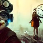 Surreal digital artwork: woman with steampunk goggles and clock-headed figure in industrial cityscape