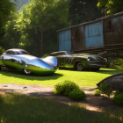 Retro-futuristic car next to classic car near rusty train carriage in forest.