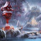 Winter Fantasy Landscape with Mushroom House, Lanterns, Snow, River, Bridge, and Castle
