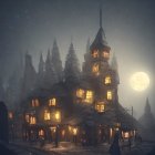 Mystical multi-tiered building in snowy forest under full moon