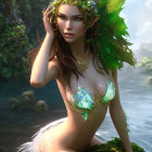 Fantasy illustration of female woodland creature with pointed ears, leaves, flowers, and crystals in lush forest