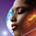 Surreal artwork: Woman's face merges with cosmic background