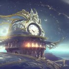 Grand clock and ornate roof atop high mountain under starry sky