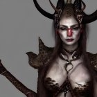 Dark fantasy makeup and costume with horns, holding a staff portrayal.