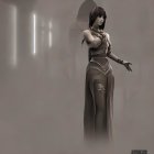Fantasy-themed female character in misty room with vertical light sources