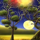 Whimsical landscape with full moon, stars, nebula, and human-like cloud shape