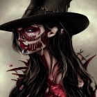 Spooky illustration of skeletal figure in witch's attire