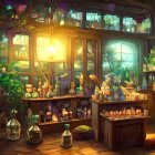 Vibrant apothecary with bottles, plants, and sunlight