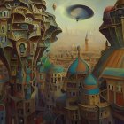 Exaggerated Curving Cityscape with Airships and Balloons