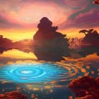 Fantasy landscape: vibrant sunset sky, rock formations, glowing blue portal, serene water with golden particles
