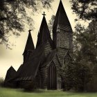 Gothic church with pointed arches and spires in dark, overcast setting