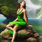 Woman in Green Dress by Waterfall Amid Lush Greenery