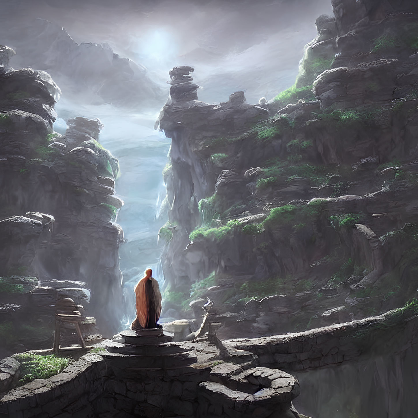 Robed Figure Overlooking Canyon with Waterfalls