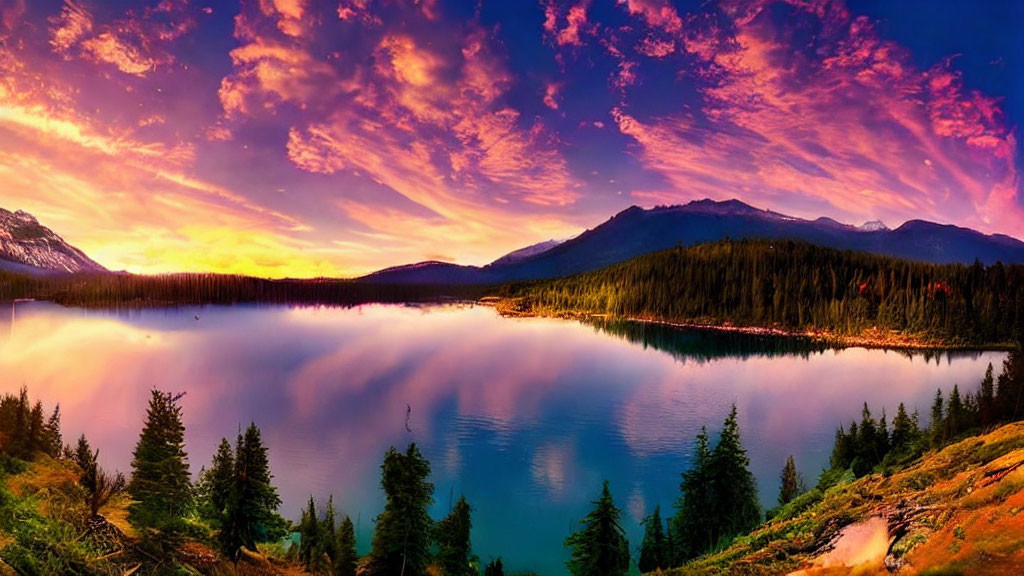 Tranquil lake at sunrise with pink clouds, forested mountains.