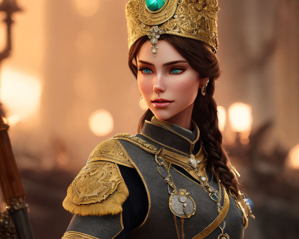 Digital artwork of a woman with brown hair, blue eyes, golden crown, emerald, intricate jewelry