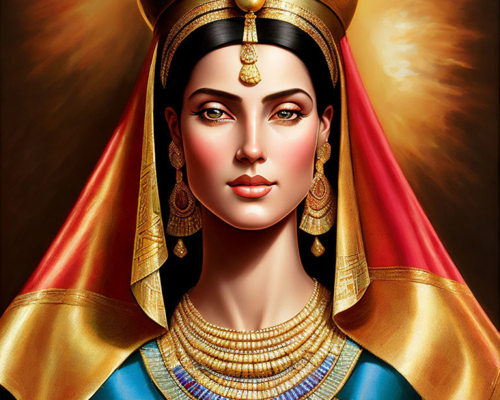 Digital portrait of woman as ancient Egyptian queen with striking eyes, traditional headdress, jewelry, golden,