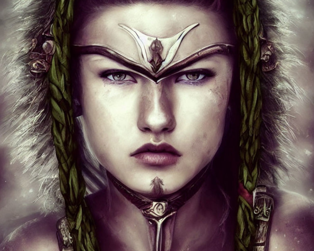 Digital portrait: Woman with braided green hair, determined gaze, and fantasy-style armor.
