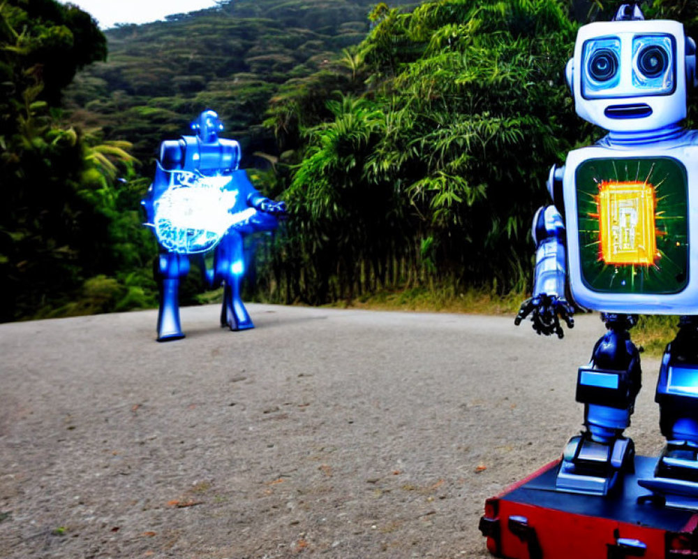 Illuminated blue and screen-torso robots in forest scene