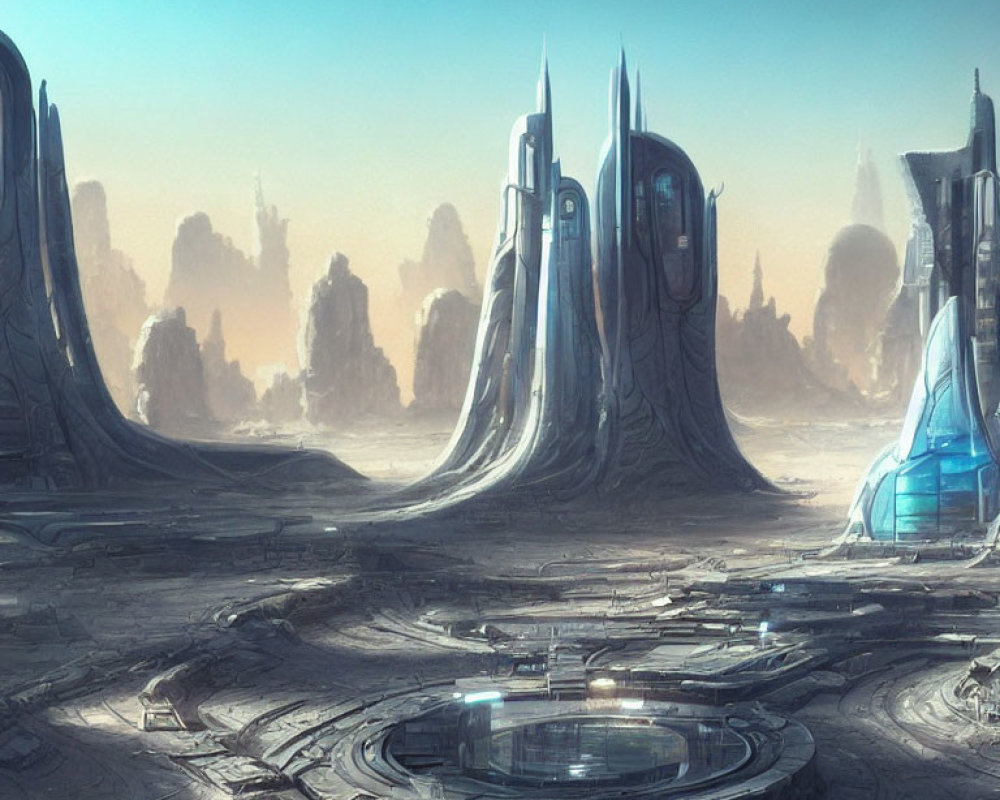 Alien cityscape with towering spires and circular platform in rocky terrain
