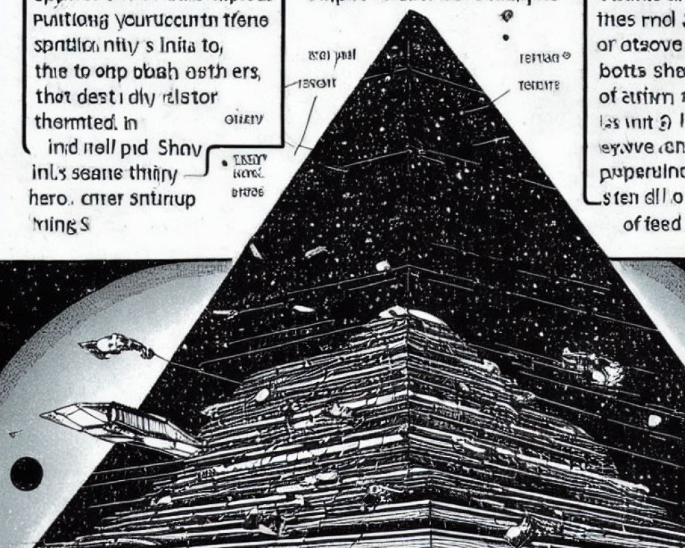 Detailed Black and White Pyramid Spaceship Illustration in Outer Space