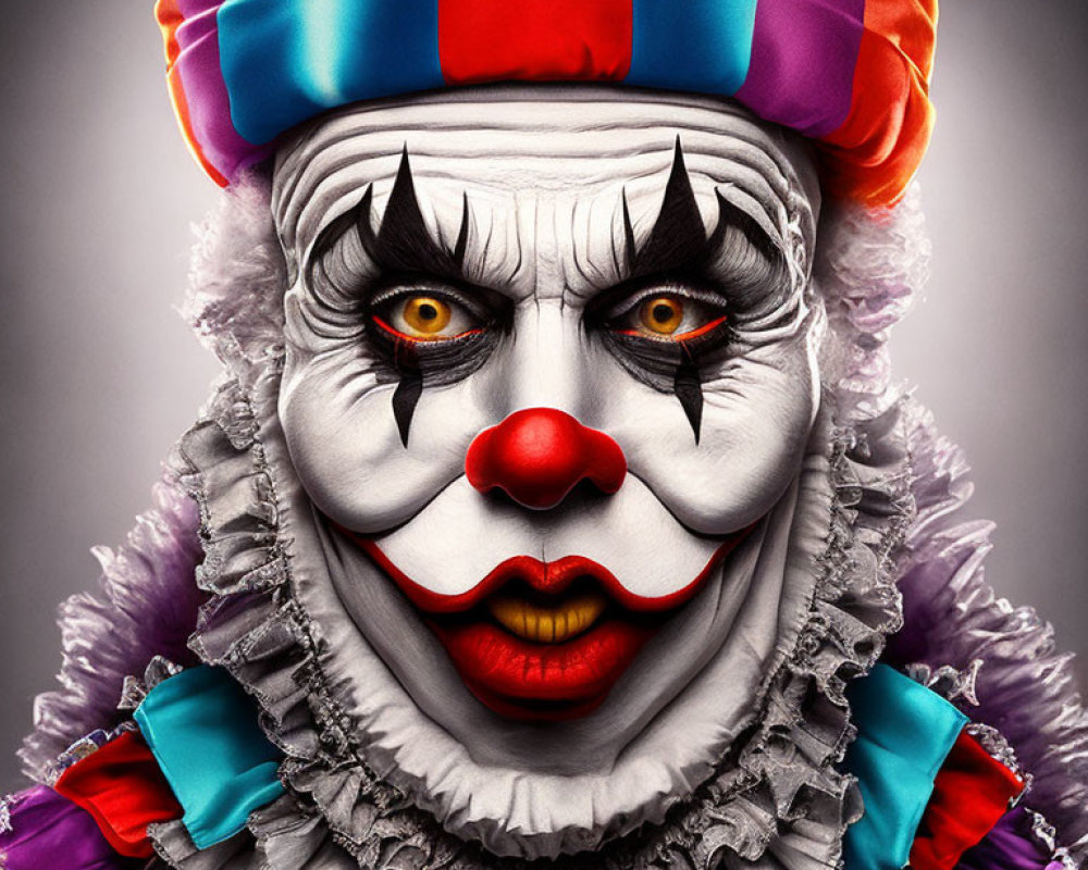 Detailed close-up of person in colorful clown makeup with intense eyes and ruffled collar.