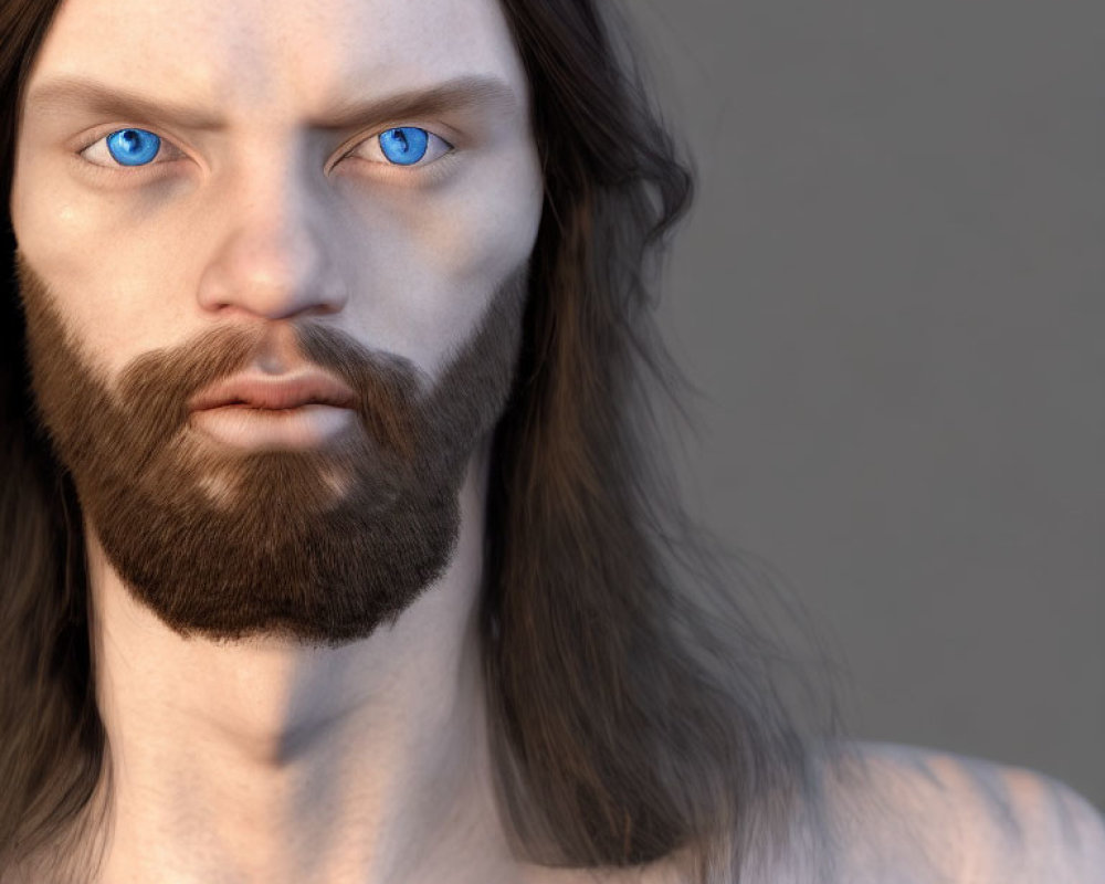 Portrait of a man with blue eyes, long hair, and beard on neutral background