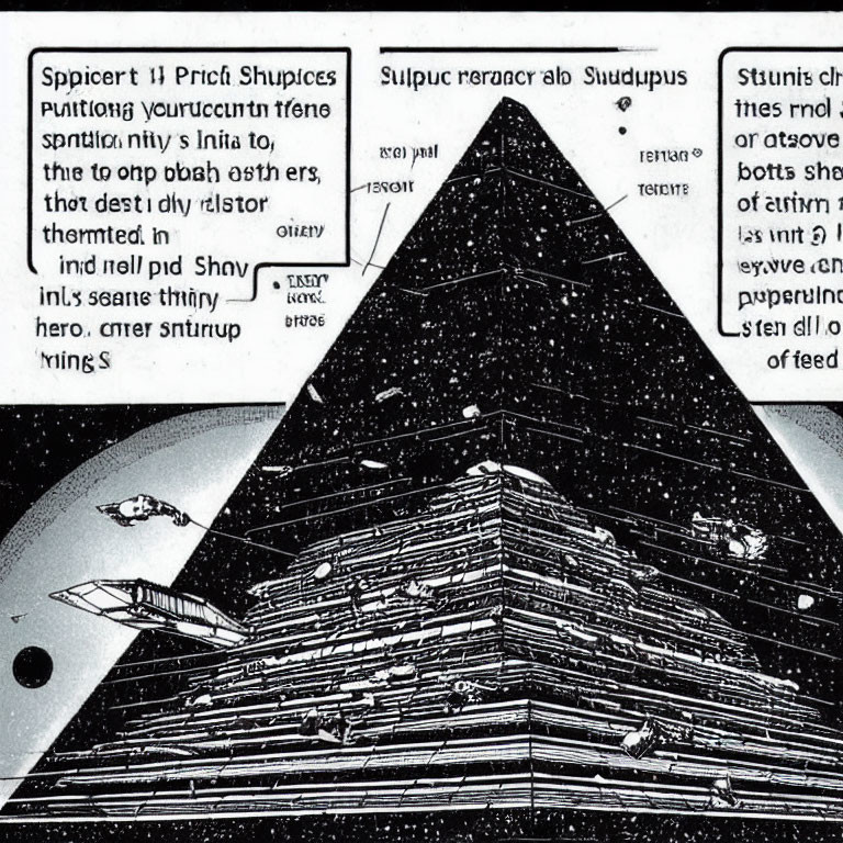 Detailed Black and White Pyramid Spaceship Illustration in Outer Space