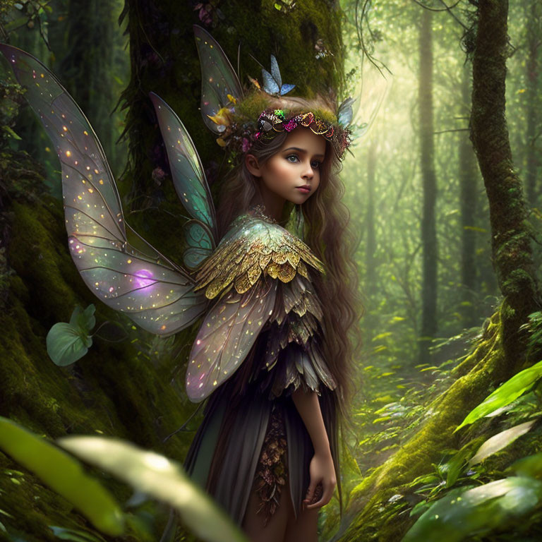 Mystical fairy with glittering wings in enchanted forest