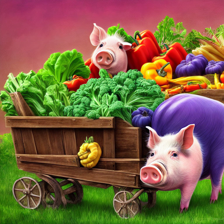 Wooden cart overflowing with fresh vegetables and two pink pigs on green and purple background