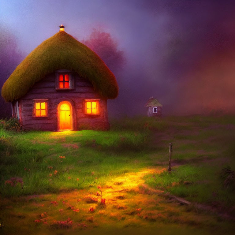 Quaint Thatched Cottage Illuminated in Twilight Landscape