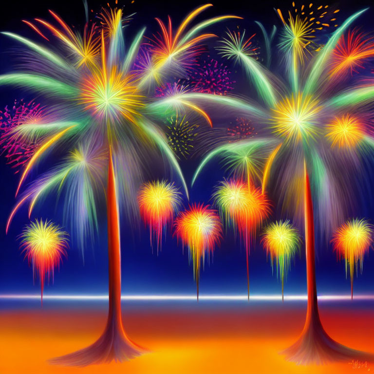 Vibrant palm tree fireworks illuminate orange and blue sky