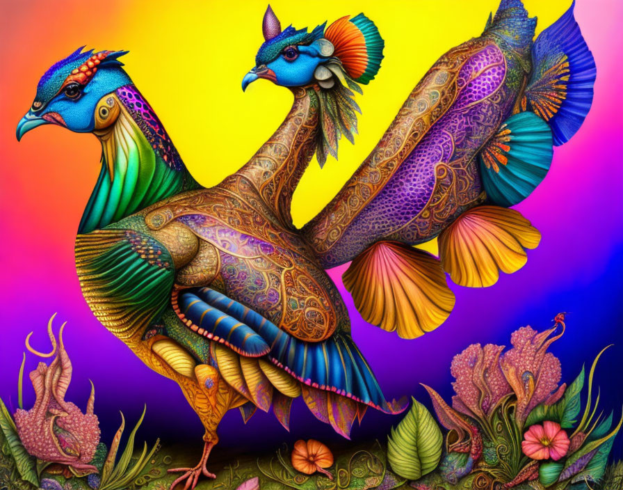 Colorful Stylized Peacocks on Rainbow Background with Foliage