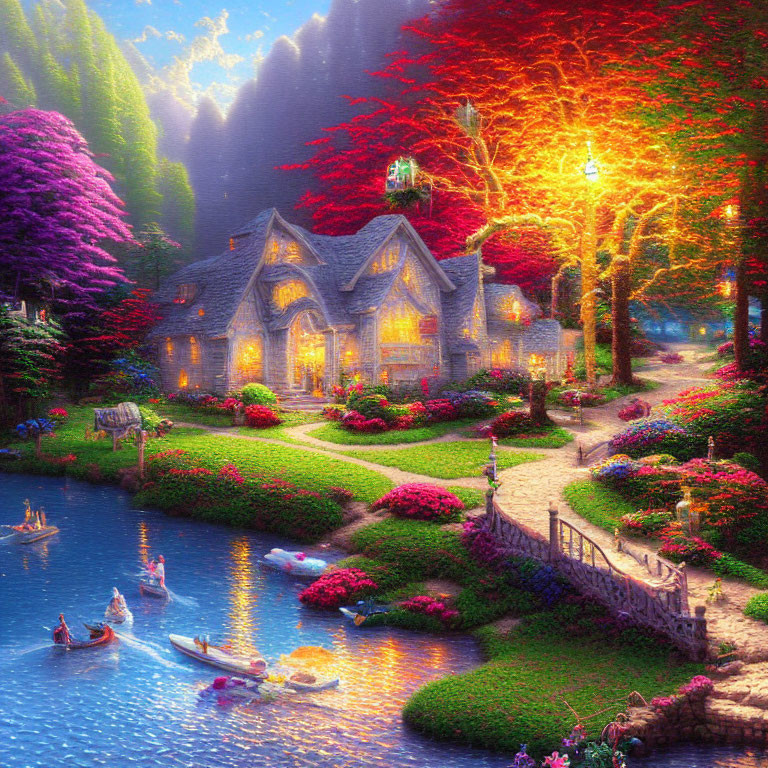 Whimsical cottage by pond with lush gardens and rowboats at sunset