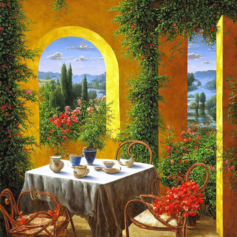 Scenic terrace painting with table for two overlooking lake