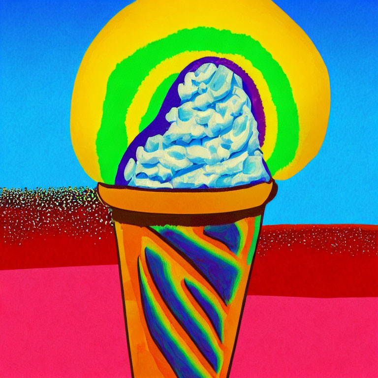 Colorful Abstract Painting: Ice Cream Cone with Rainbow Aura on Pink and Blue Background