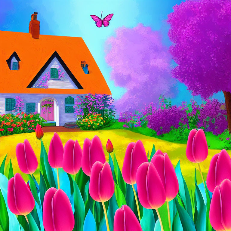 Colorful illustration of a thatched roof cottage with tulips, purple trees, and a butterfly